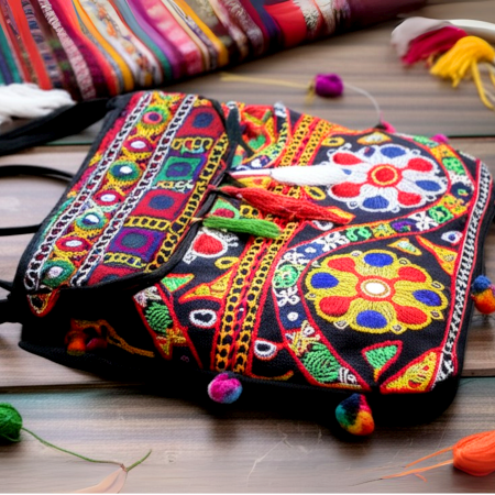 Jaipuri Handmade Embroidered Cotton Sling Bag Traditional Rajasthani Crossbody Bag with Tassels for Women